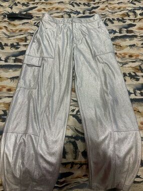 Anthropologie Metallic Silver Wide-Leg Cargo Jeans